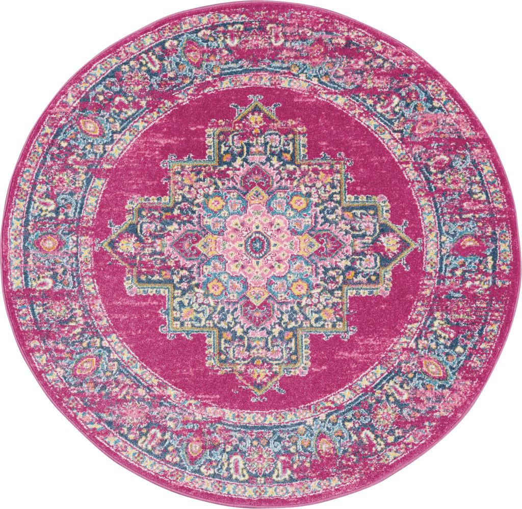 4' Fuchsia And Blue Oriental Distressed Round Rug