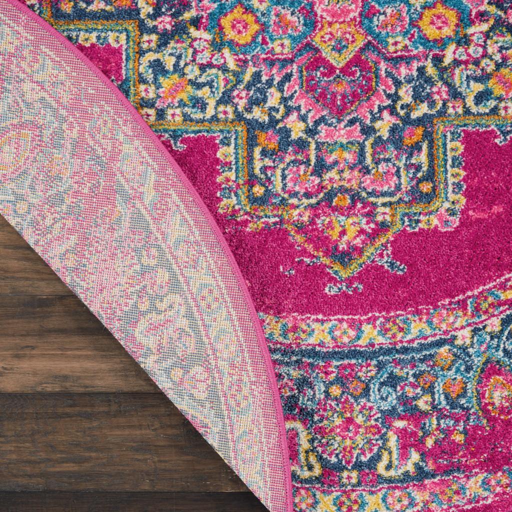 4' Fuchsia And Blue Oriental Distressed Round Rug