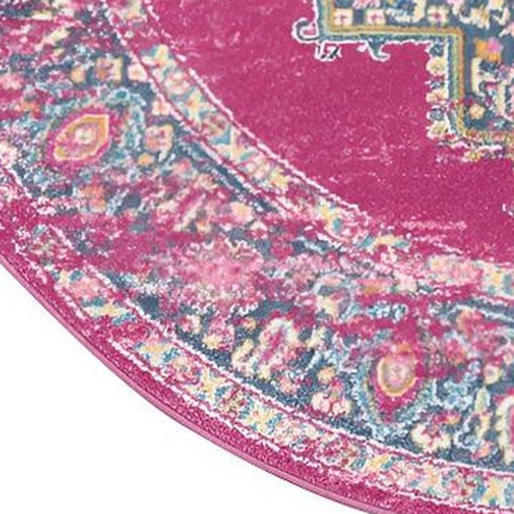 4' Fuchsia And Blue Oriental Distressed Round Rug