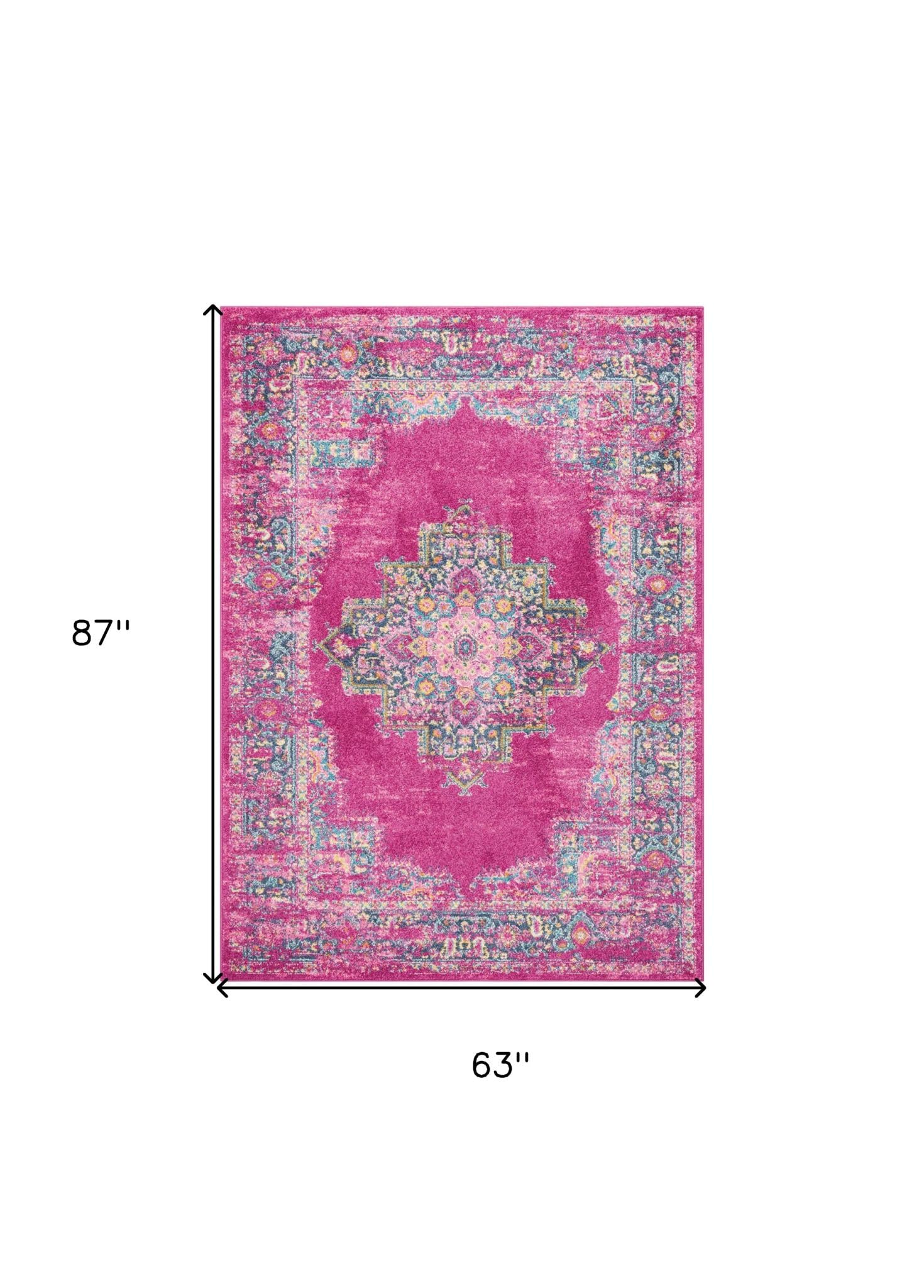 5' X 7' Fuchsia And Blue Oriental Distressed Area Rug