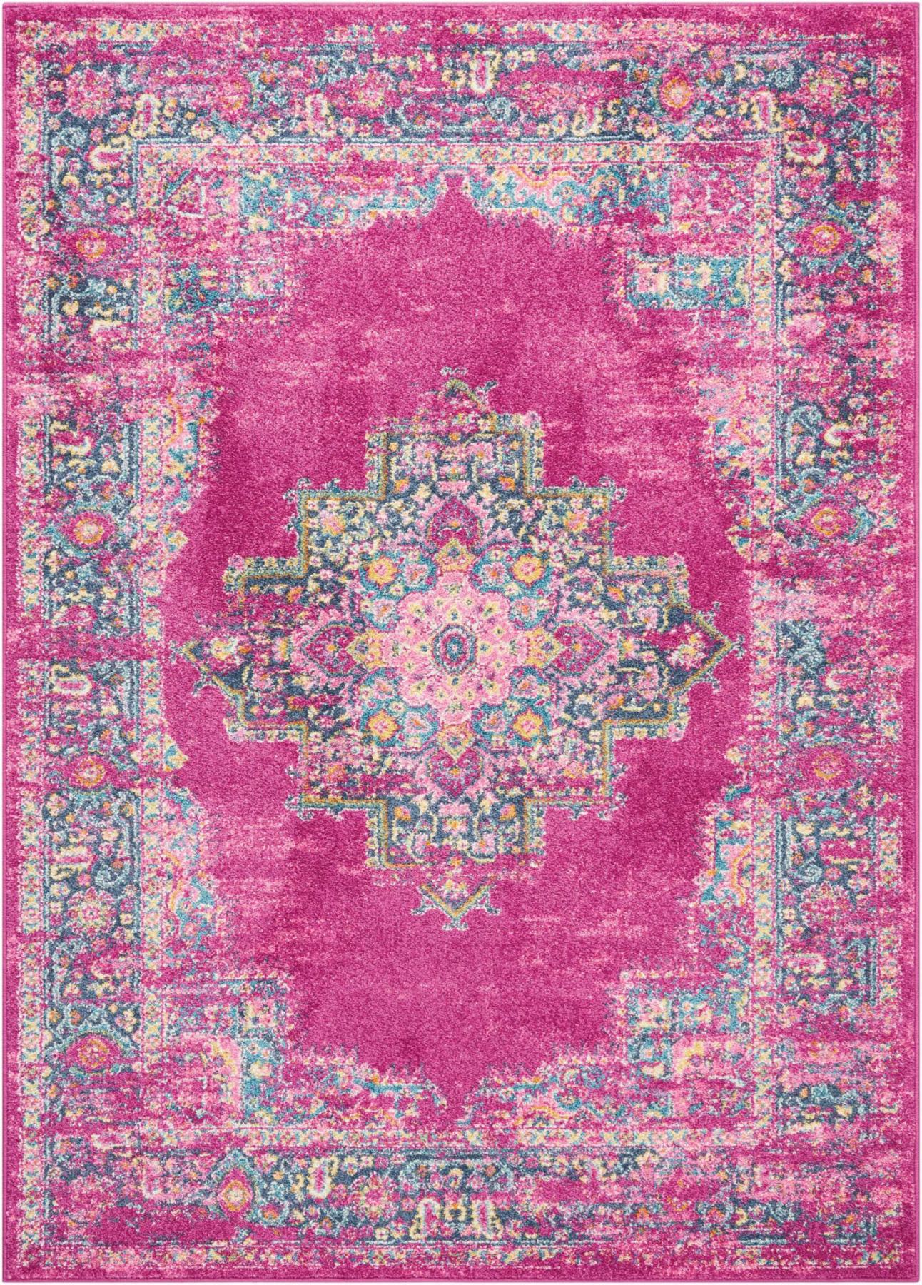 7' X 10' Fuchsia And Blue Oriental Distressed Area Rug