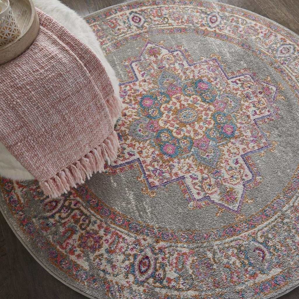 5' Gray And Gold Medallion Distressed Round Rug