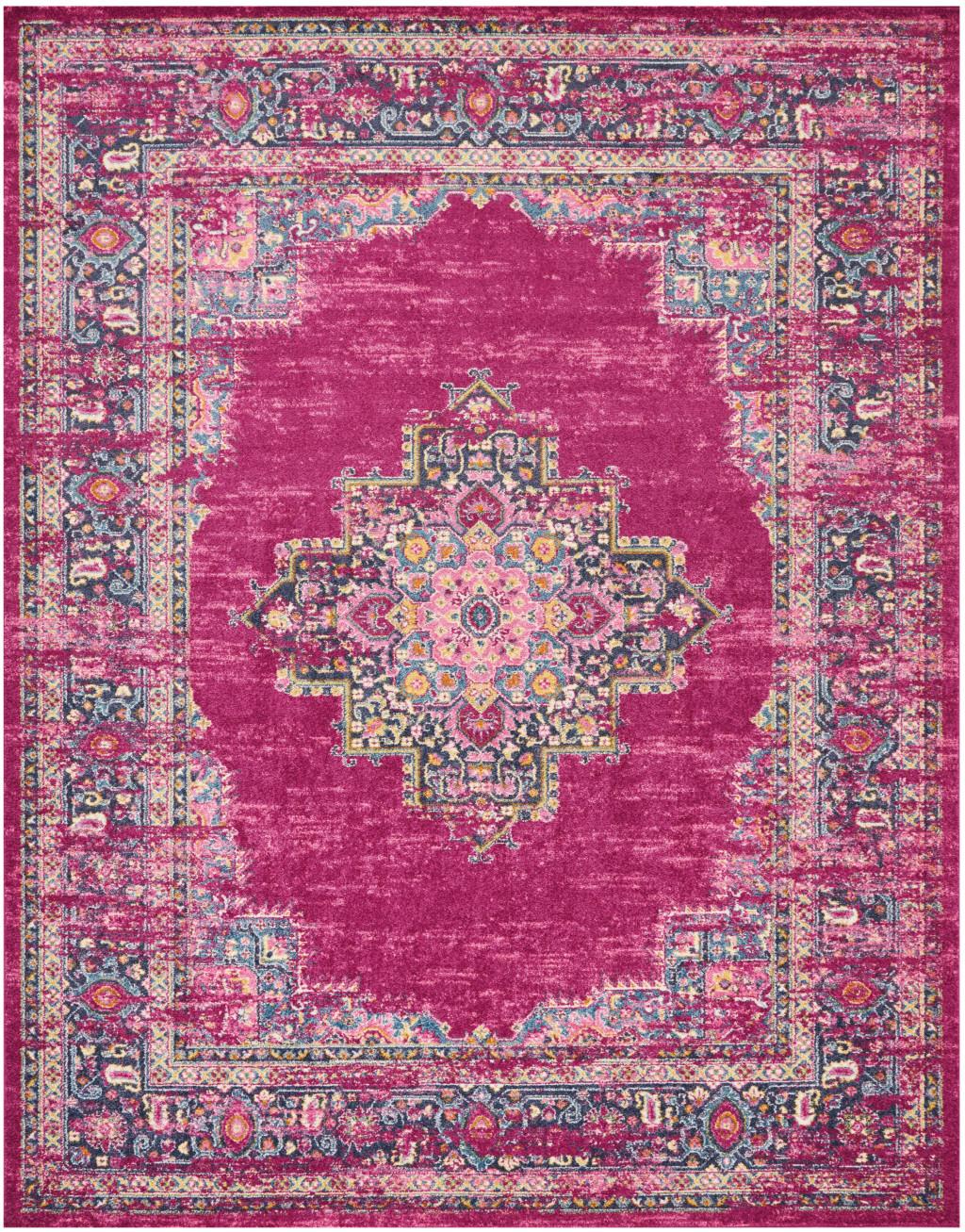 8' X 10' Fuchsia And Blue Oriental Distressed Area Rug