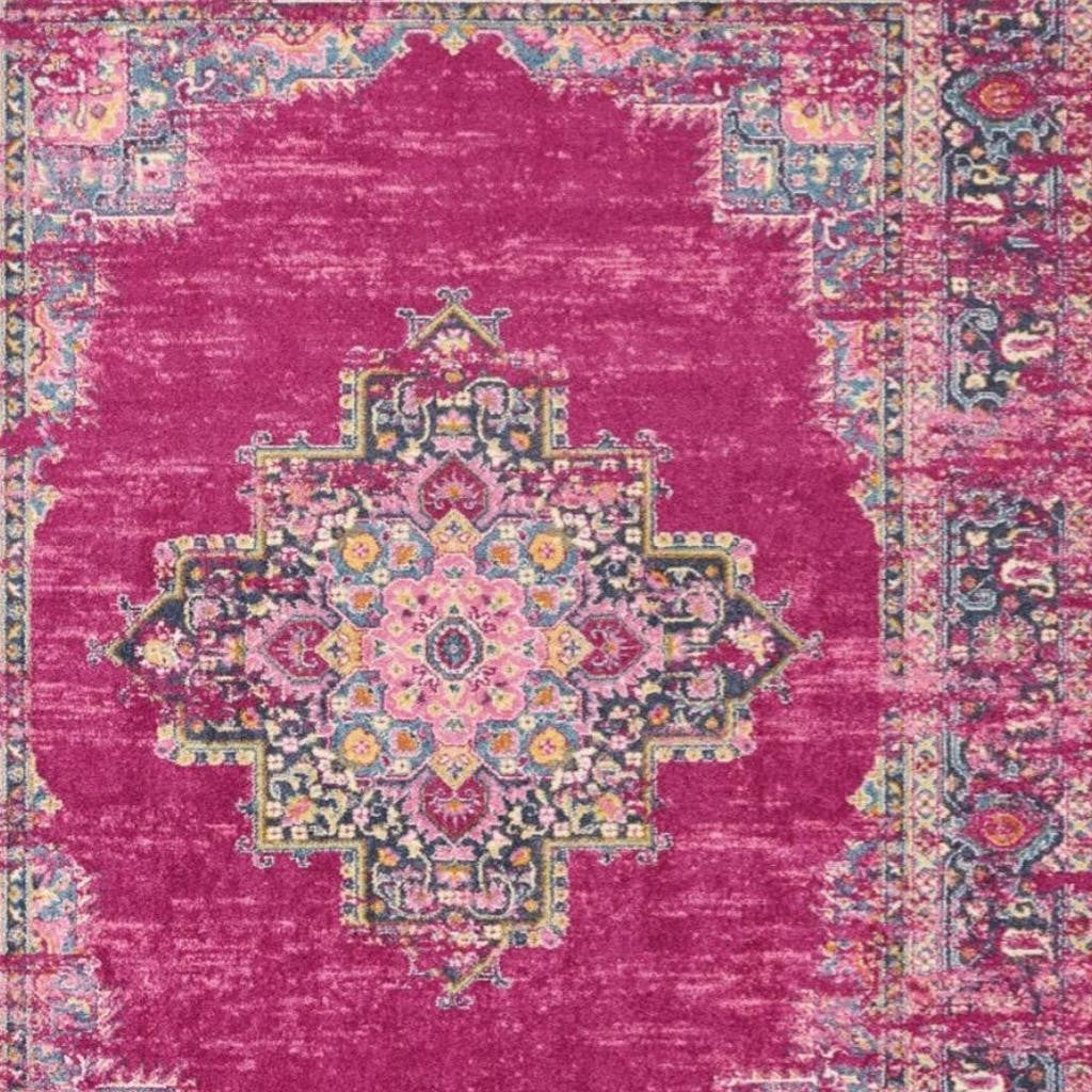8' X 10' Fuchsia And Blue Oriental Distressed Area Rug