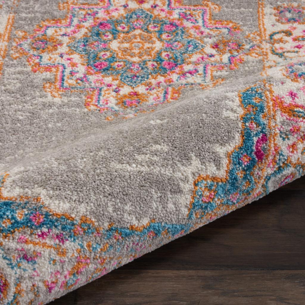 8' Gray And Gold Medallion Distressed Runner Rug