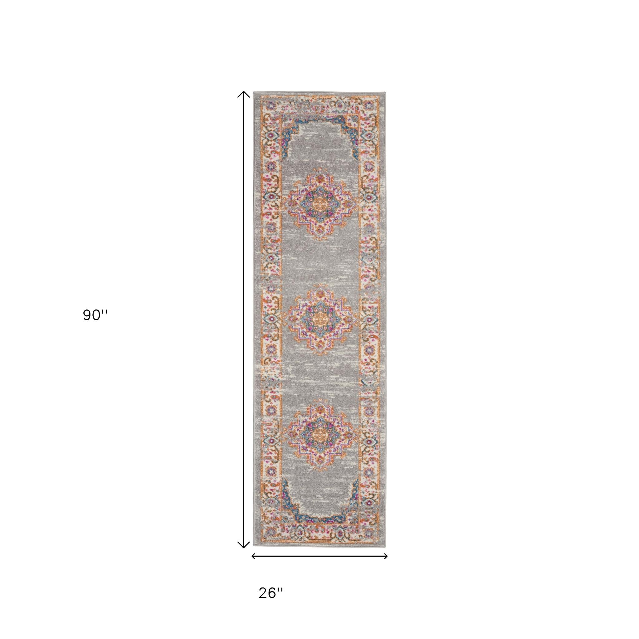 8' Gray And Gold Medallion Distressed Runner Rug