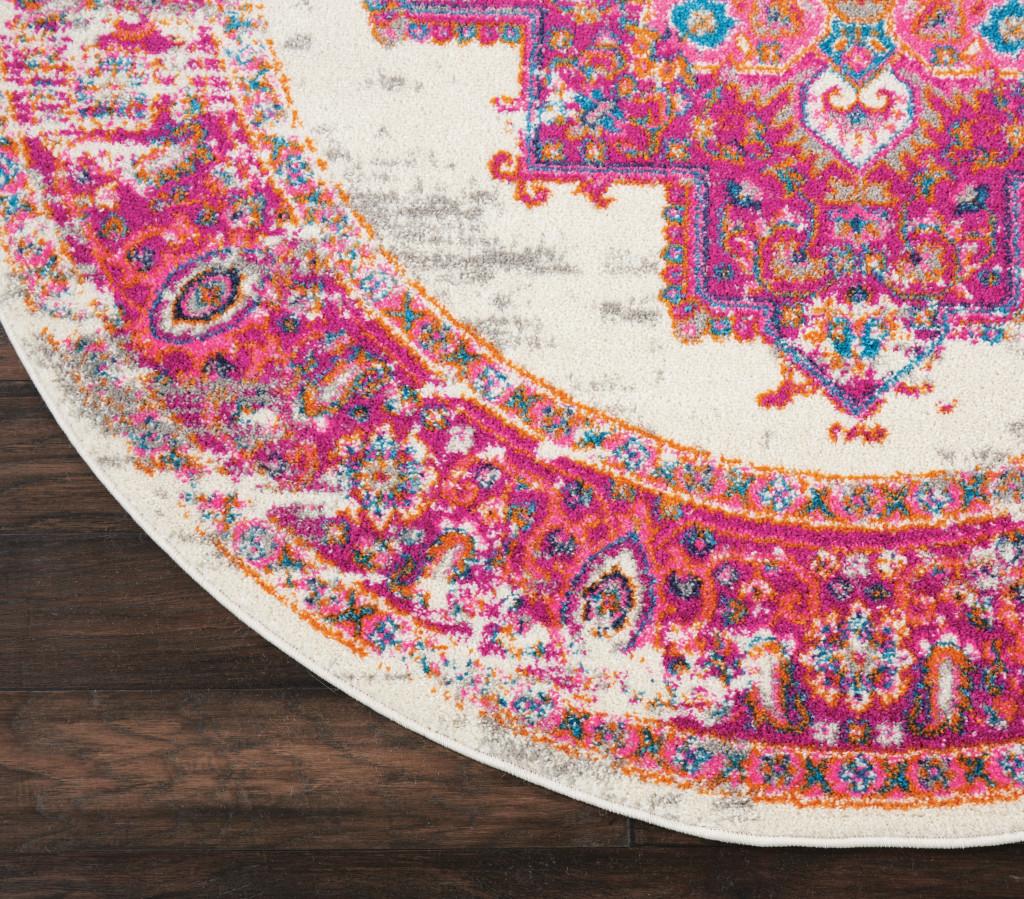 4' Ivory And Fuchsia Oriental Distressed Round Rug