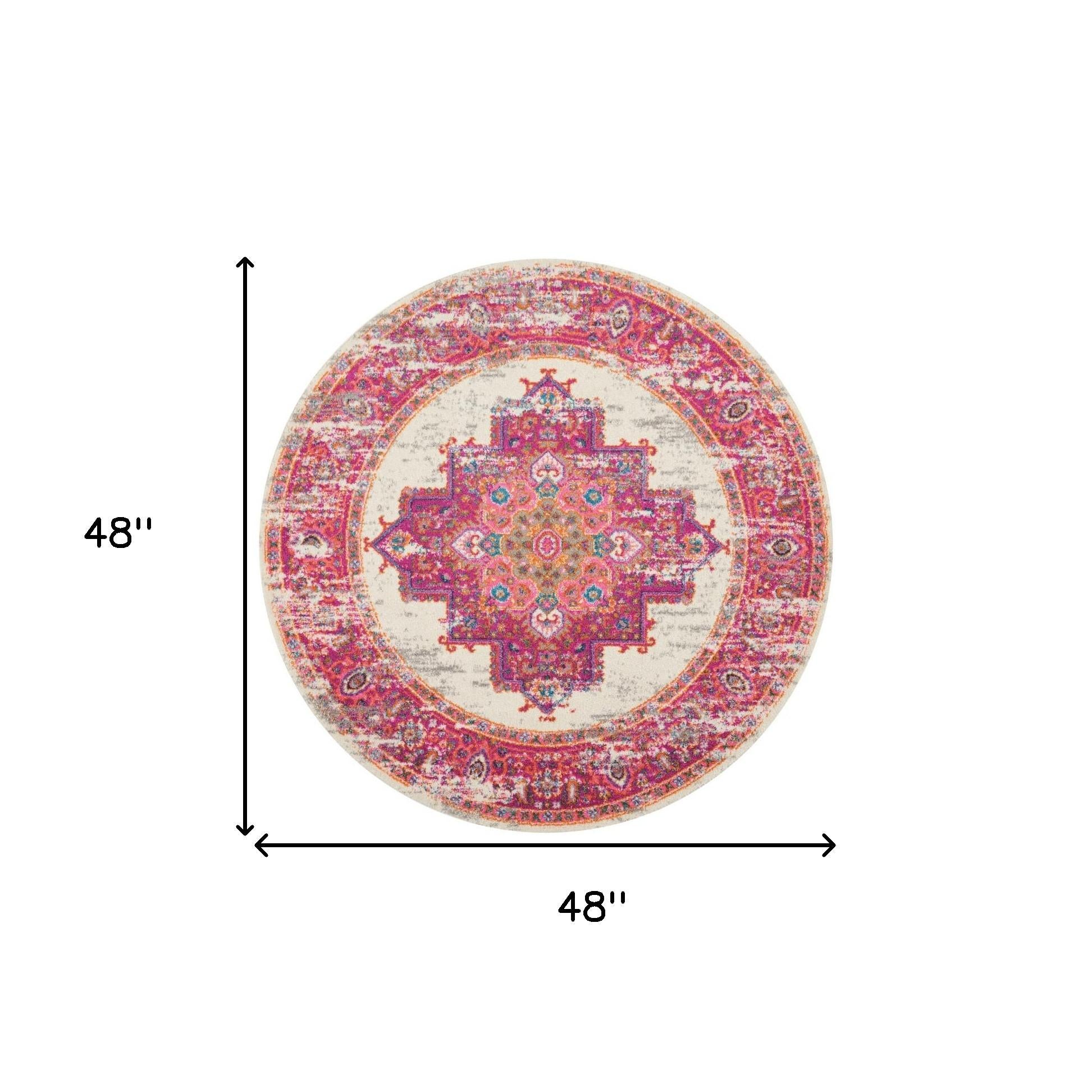 4' Ivory And Fuchsia Oriental Distressed Round Rug