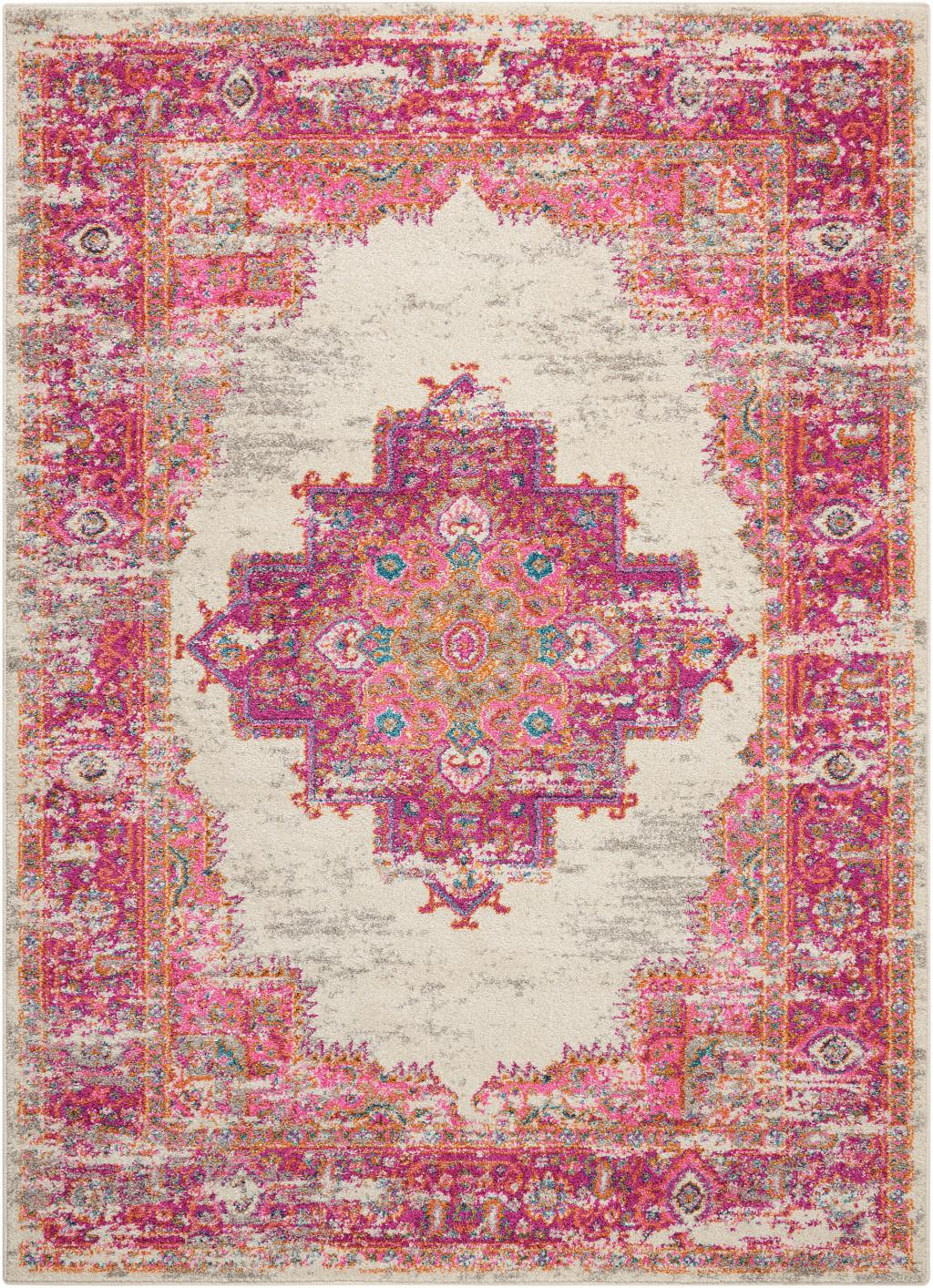 5' X 7' Ivory And Fuchsia Oriental Distressed Area Rug