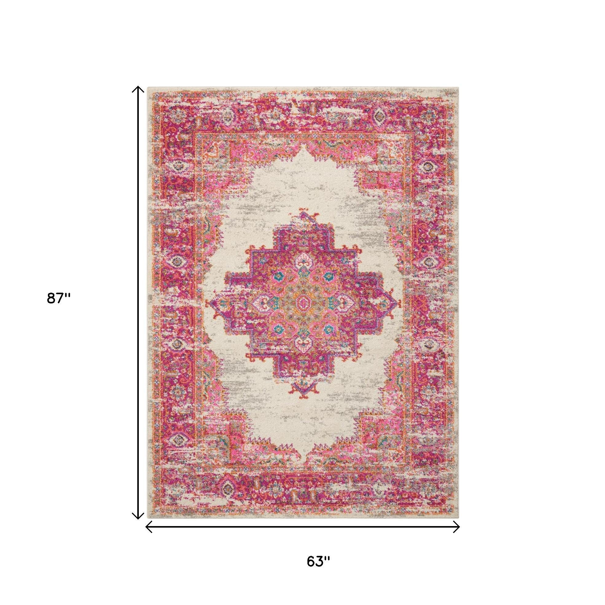 5' X 7' Ivory And Fuchsia Oriental Distressed Area Rug
