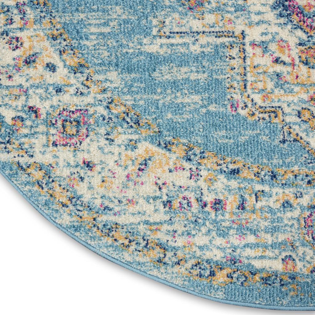 4' Blue And Ivory Southwestern Distressed Round Rug