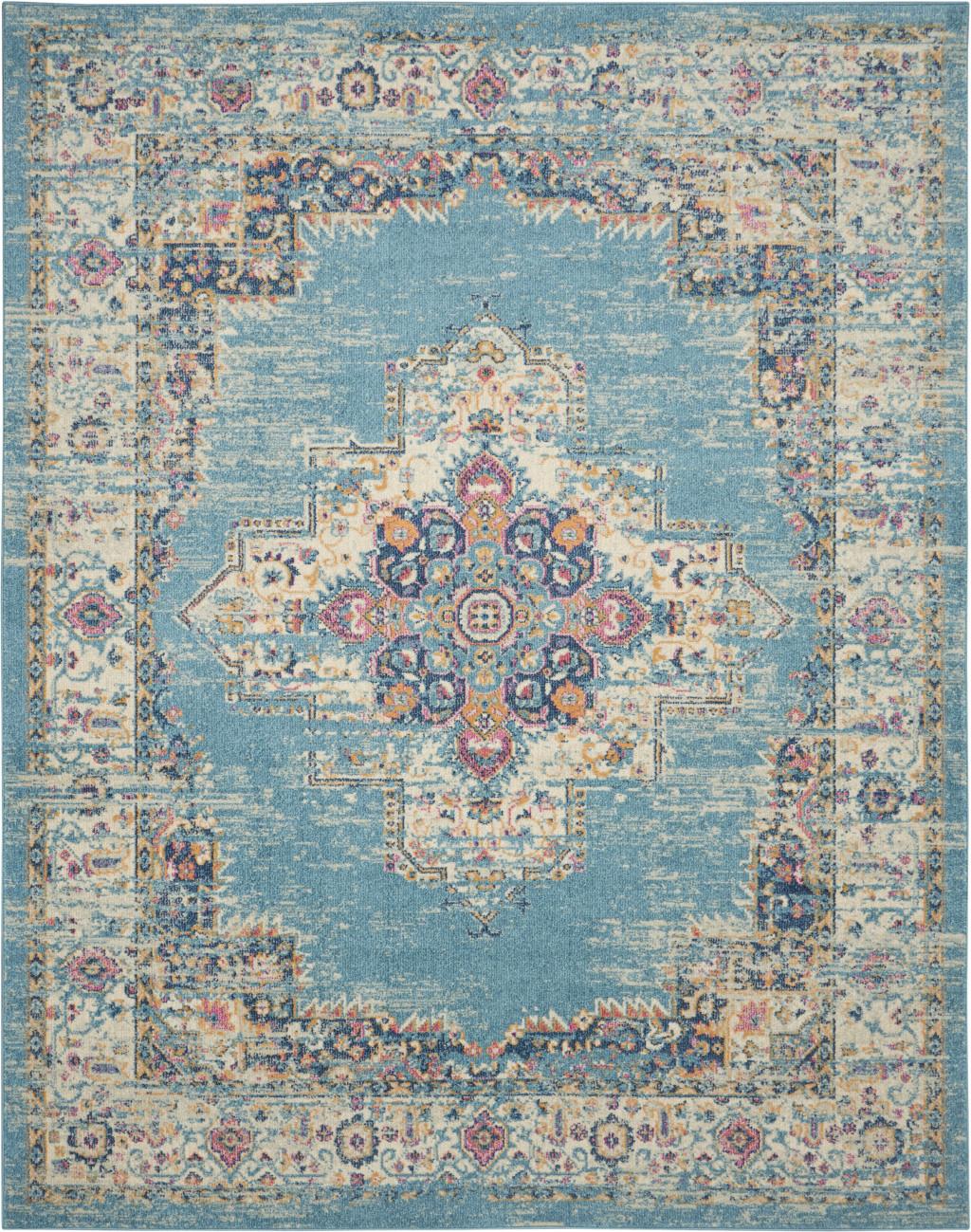 8' X 10' Blue And Ivory Southwestern Distressed Area Rug