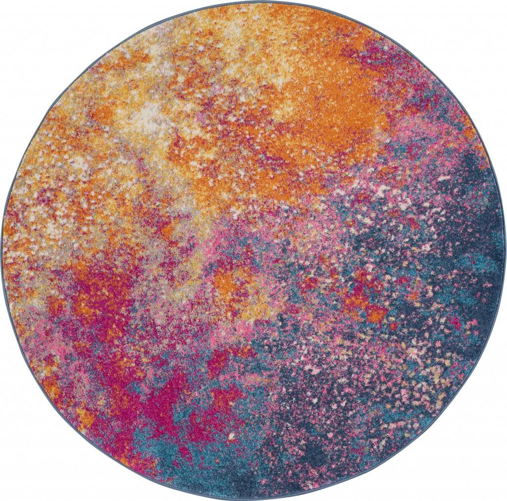 5' Blue And Orange Abstract Round Rug