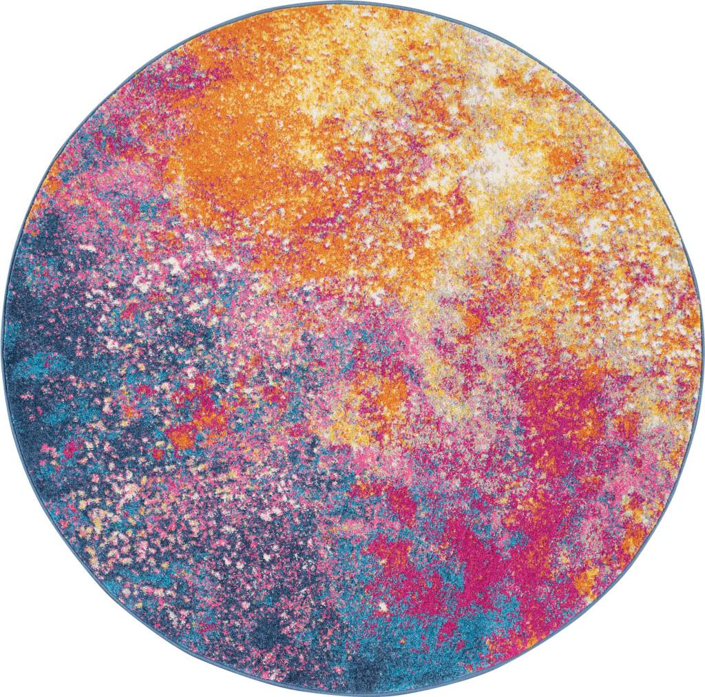 5' Blue And Orange Abstract Round Rug