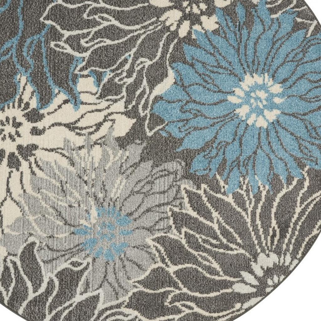 4' Blue And Gray Floral Round Rug