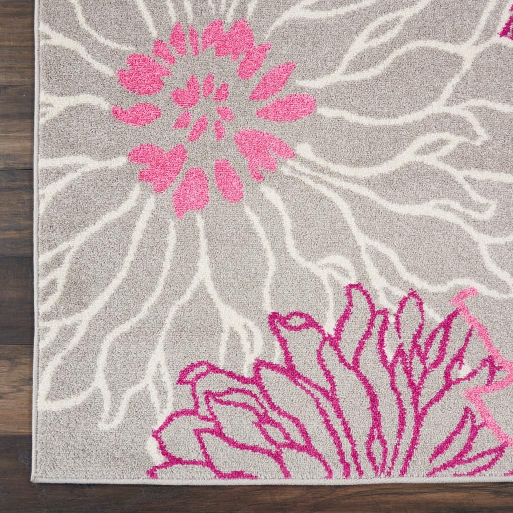 10' Gray And Pink Floral Runner Rug