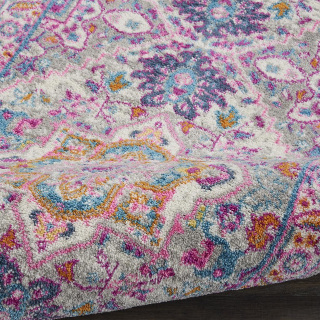 8' Light Gray And Pink Medallion Runner Rug