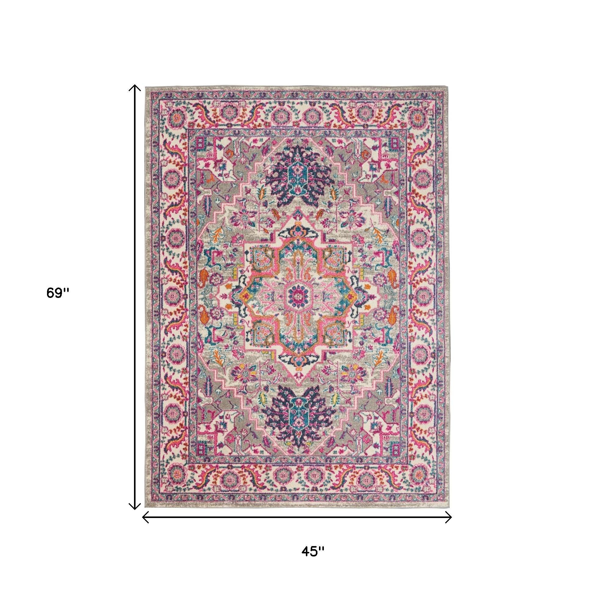 4' X 6' Light Gray And Pink Medallion Area Rug