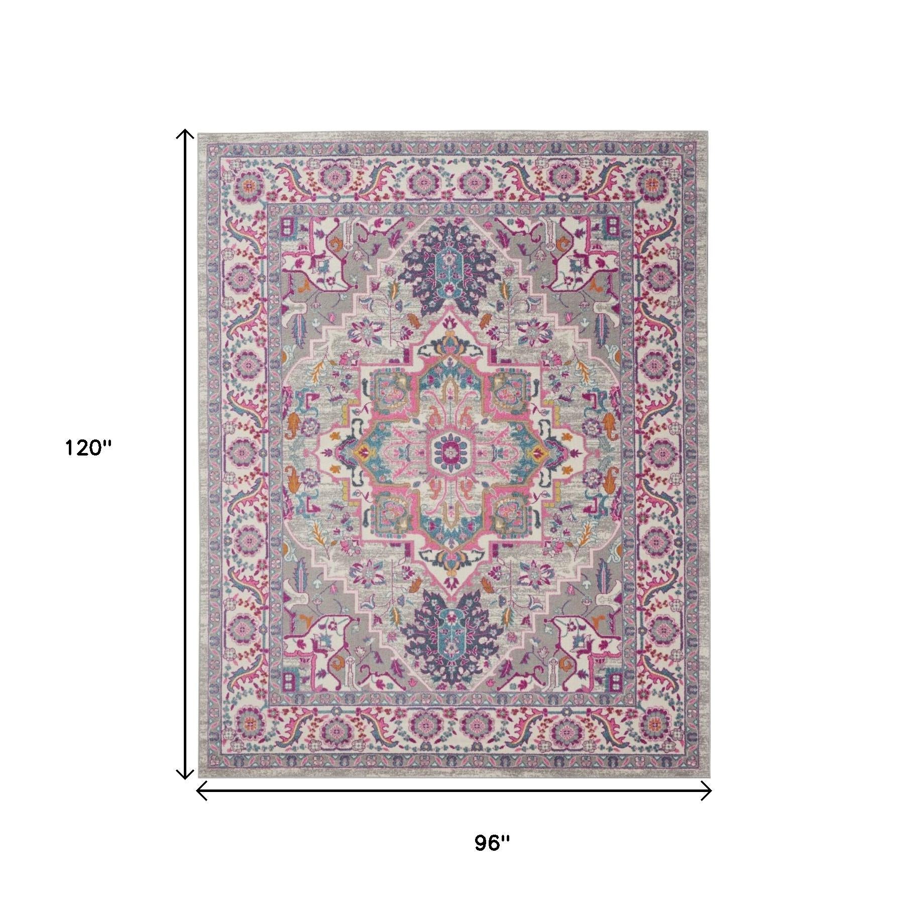 8' X 10' Light Gray And Pink Medallion Area Rug