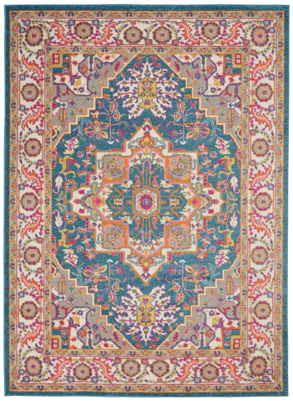 5' X 7' Teal And Ivory Medallion Distressed Area Rug