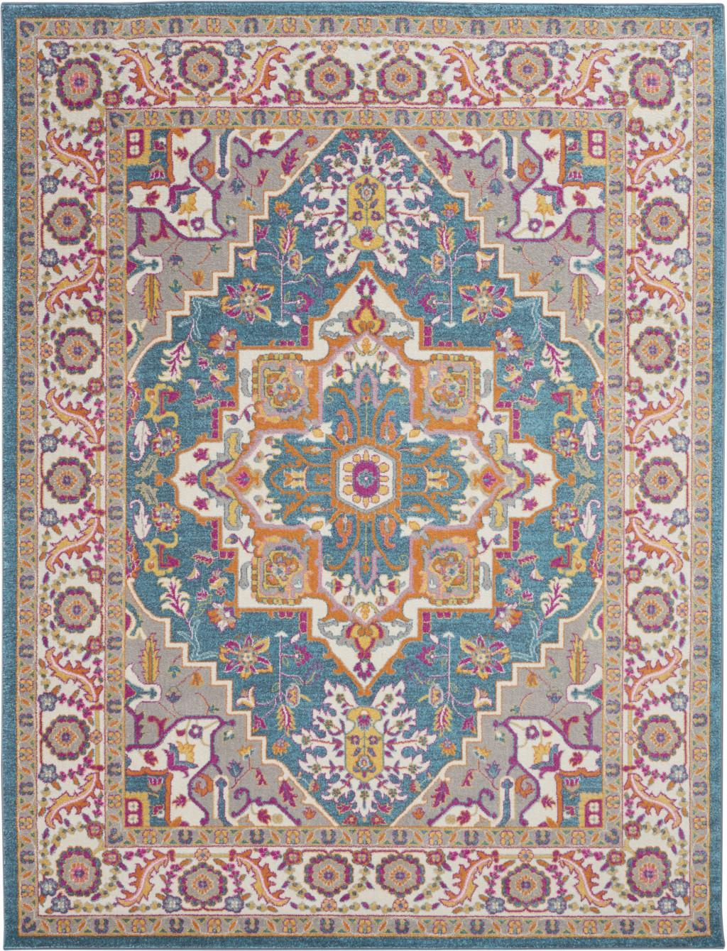 8' X 10' Teal And Ivory Medallion Distressed Area Rug