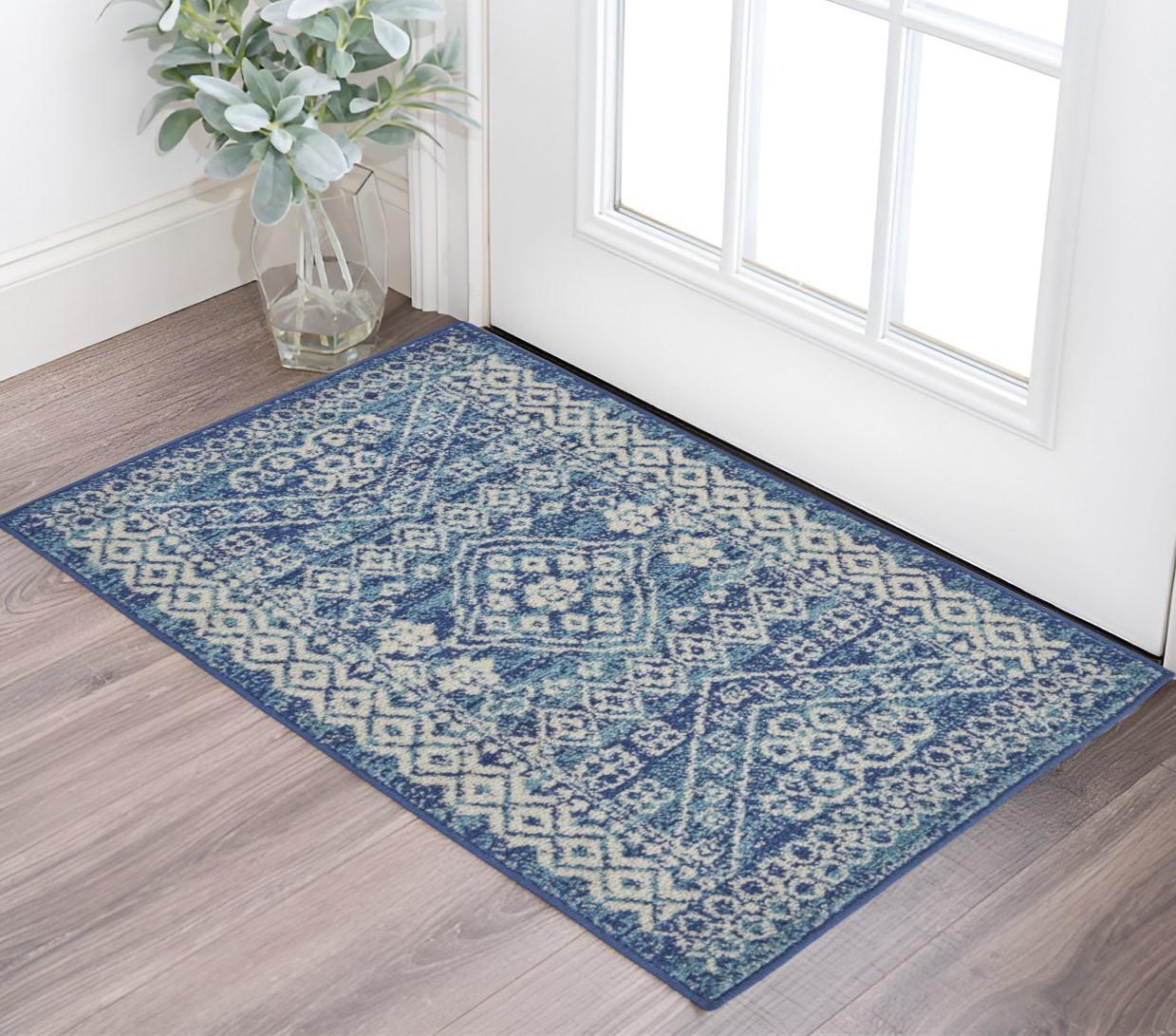 2' X 3' Navy Blue And Ivory Tribal Area Rug