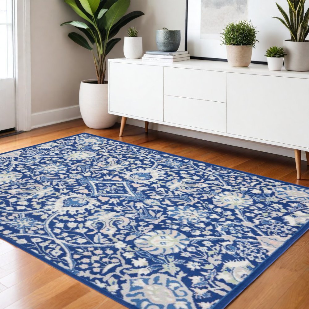 4' X 6' Ivory And Blue Floral Area Rug