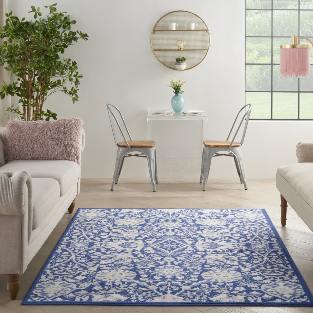 4' X 6' Ivory And Blue Floral Area Rug