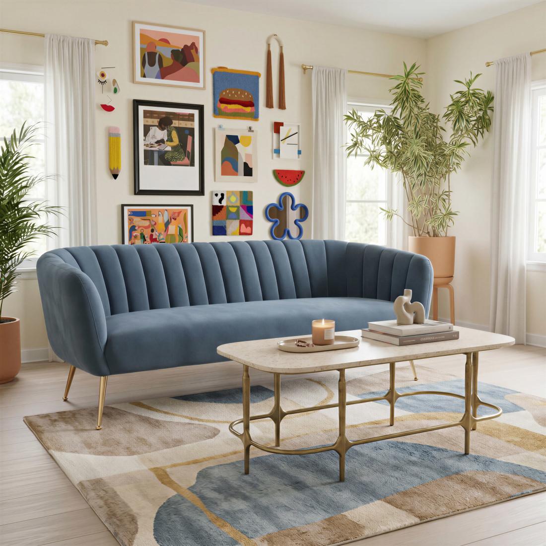 70" Gray Velvet Sofa With Gold Legs