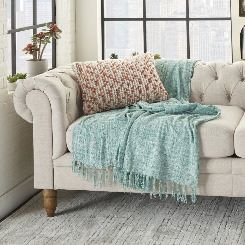 14" X 20" Coral and Beige Ribbed Indoor Outdoor Throw Pillow With Texture