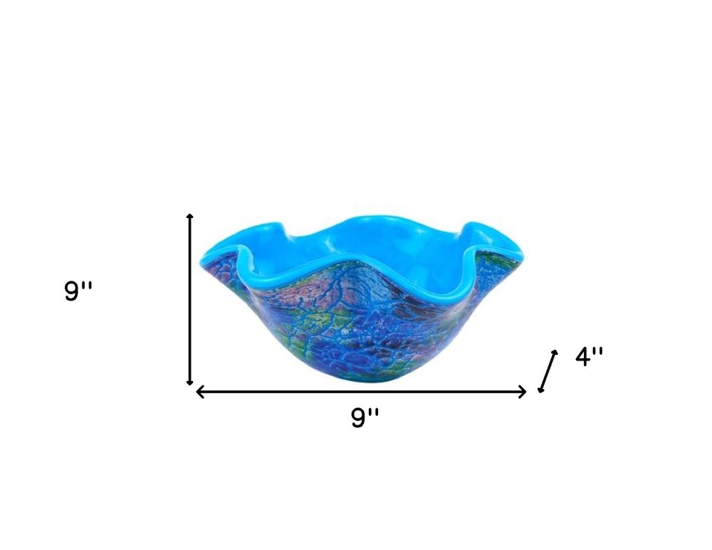 9" Modern Blue And Green Glass Centerpiece Bowl