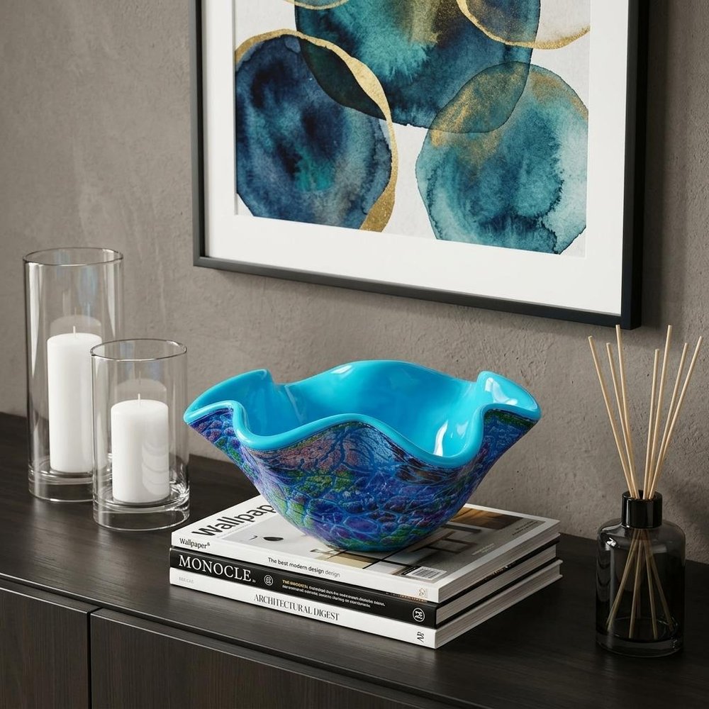 9" Modern Blue And Green Glass Centerpiece Bowl