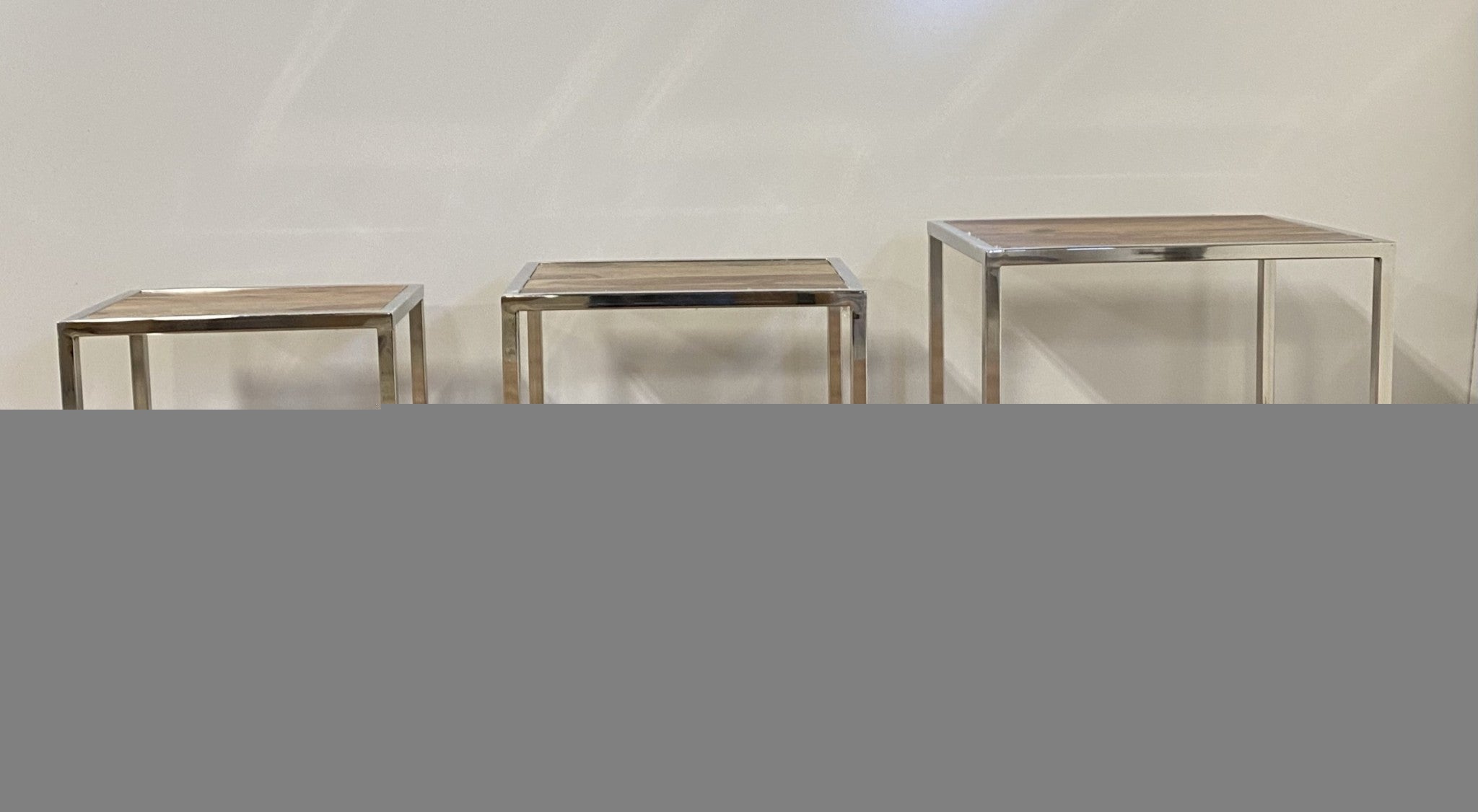 Set of Three 21" Silver And Brown Solid Wood Nested Tables