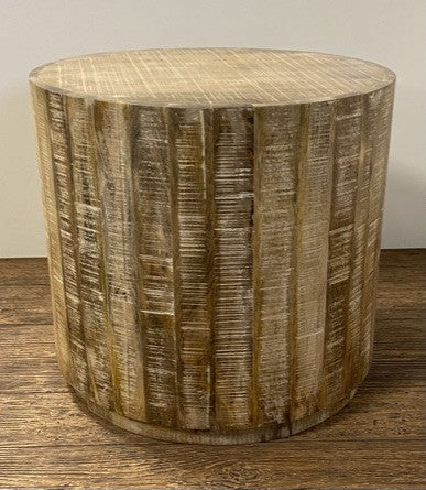 20" Natural Distressed Solid Wood Round Drum End Table