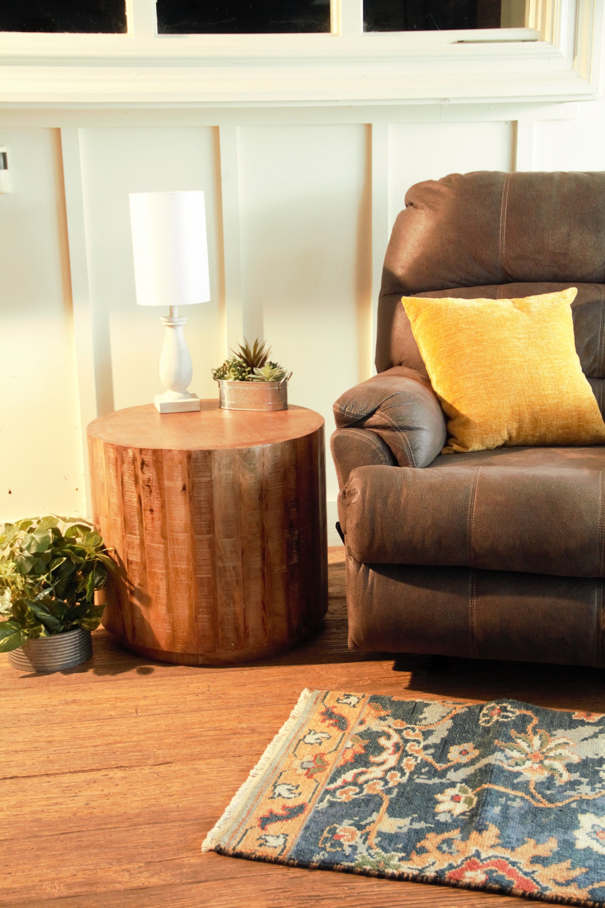 20" Natural Distressed Solid Wood Round Drum End Table