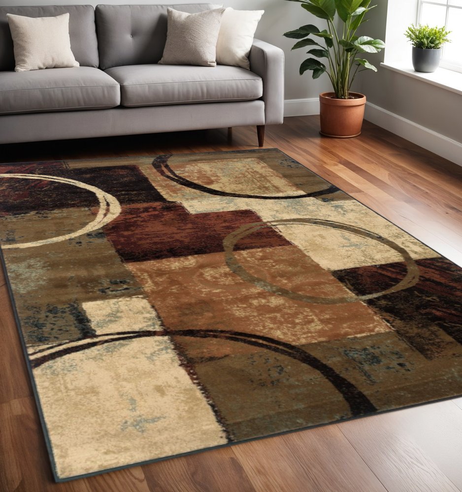 5' X 8' Brown And Black Abstract Geometric Area Rug