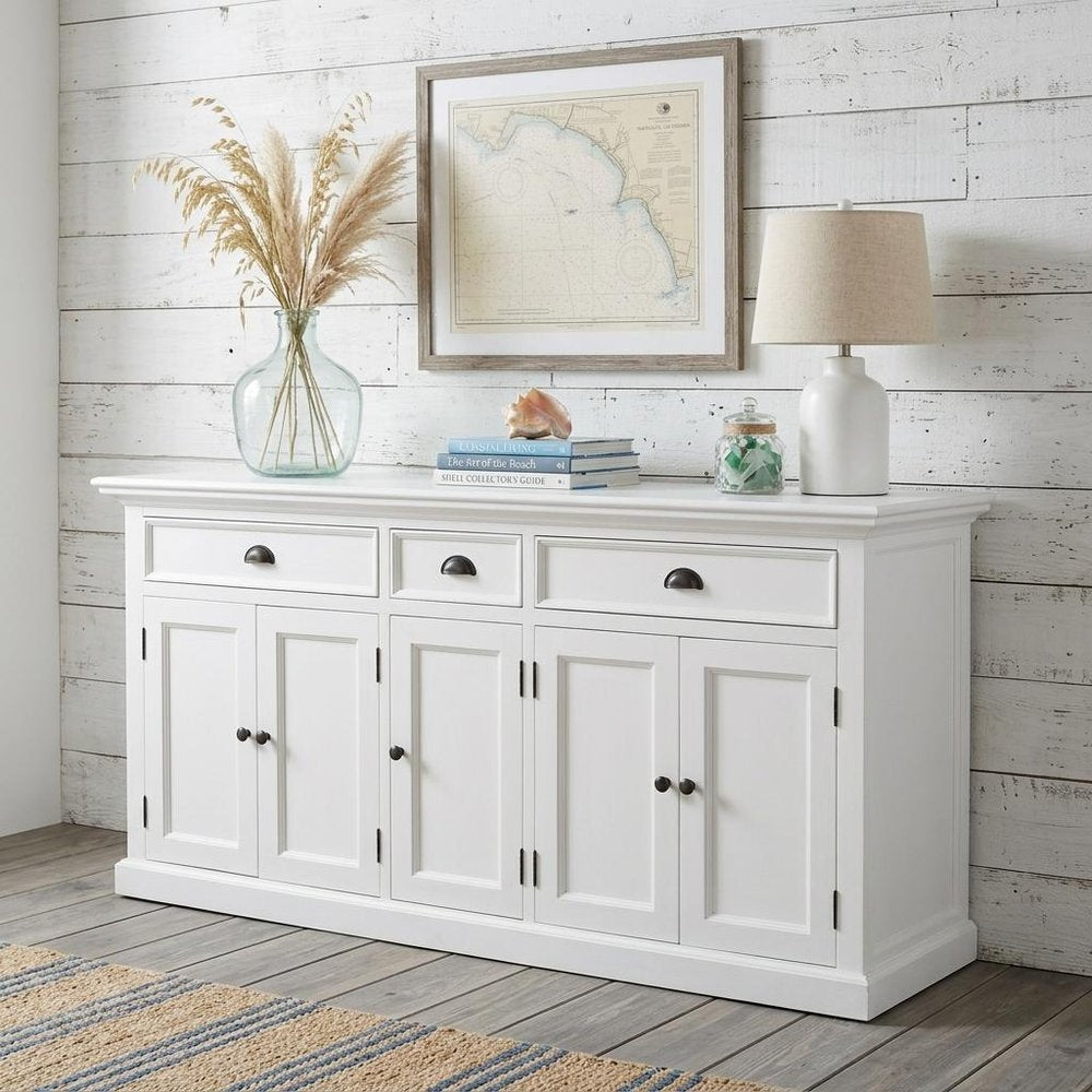 71" White Solid Wood Three Drawer Sideboard with Five Doors