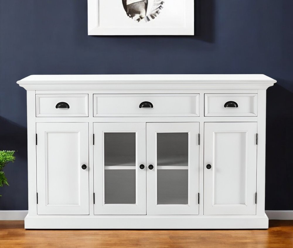 57" White Solid Wood Three Drawer Sideboard with Four Glass Doors