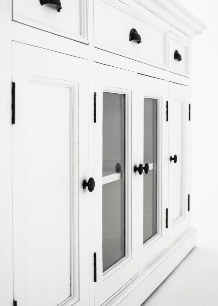 57" White Solid Wood Three Drawer Sideboard with Four Glass Doors