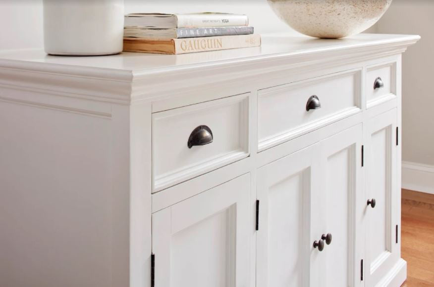 57" White Solid Wood Three Drawer Sideboard