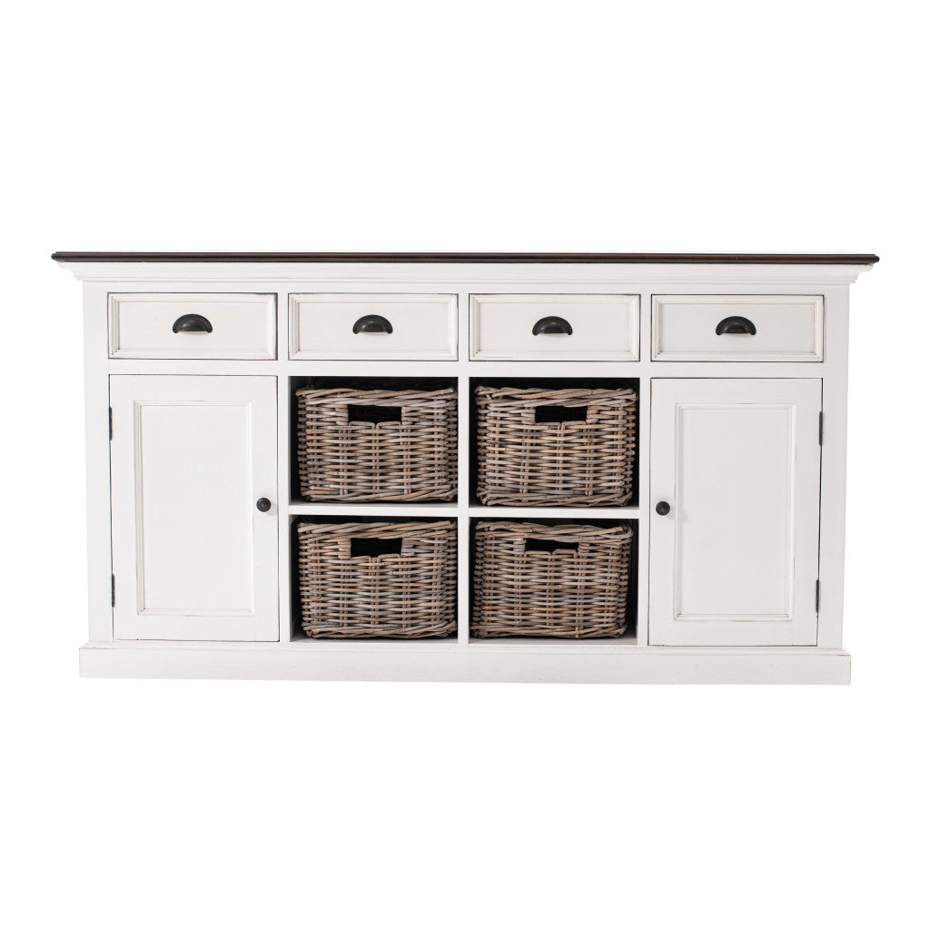 63" Brown And White Distressed Solid Wood Sideboard With Baskets