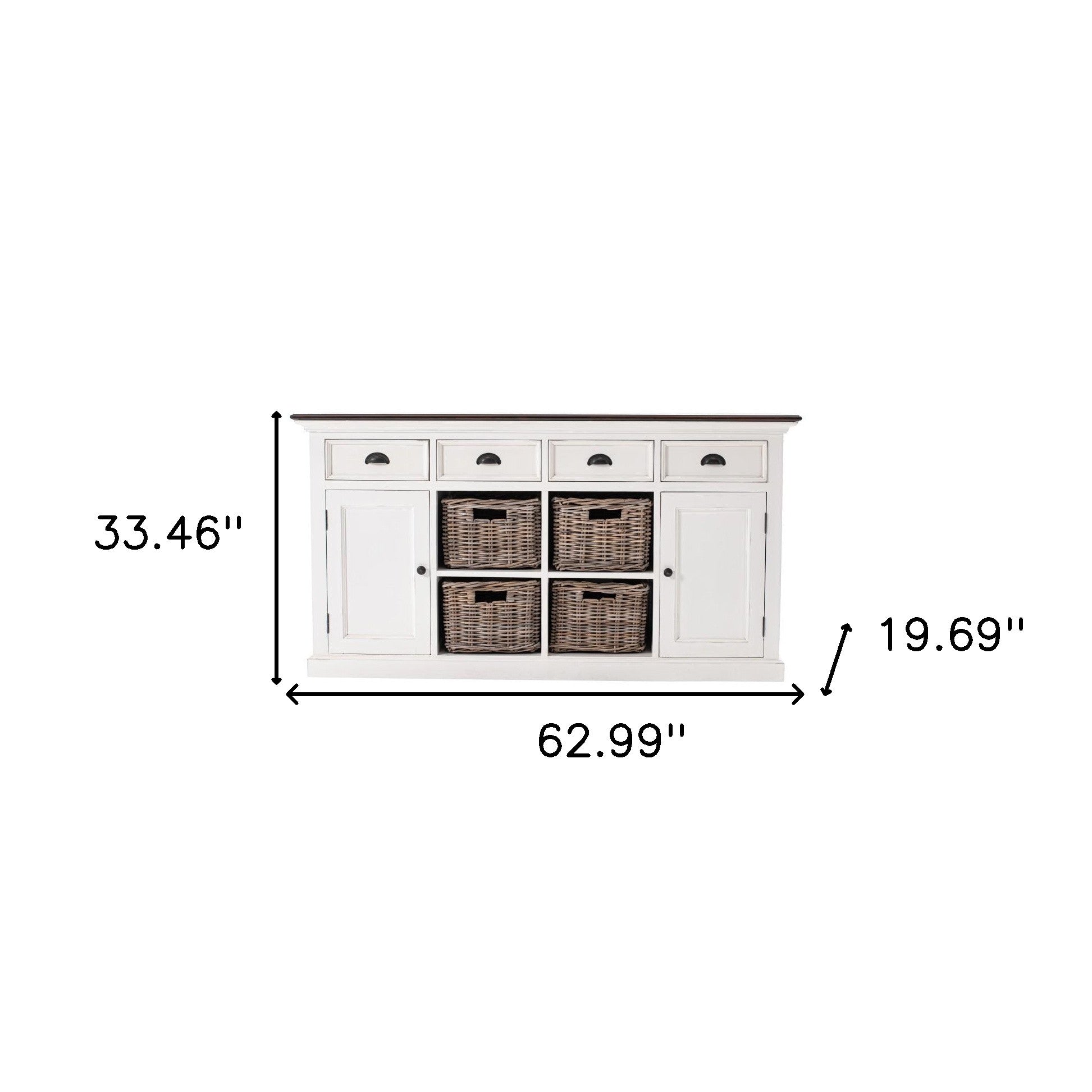 63" Brown And White Distressed Solid Wood Sideboard With Baskets