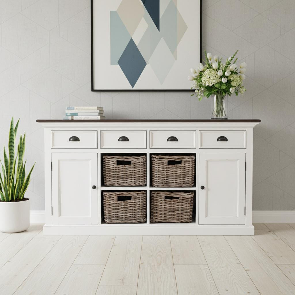 63" Brown And White Distressed Solid Wood Sideboard With Baskets