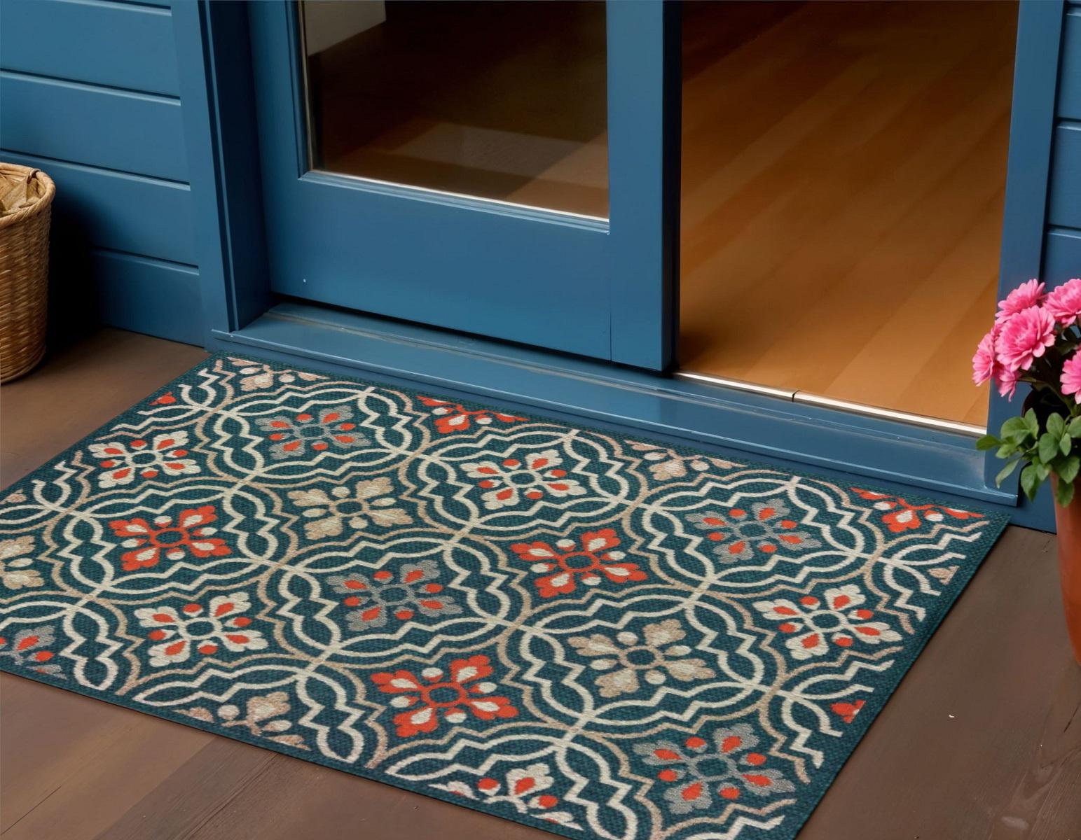 3' X 5' Blue And Orange Moroccan Indoor Outdoor Area Rug