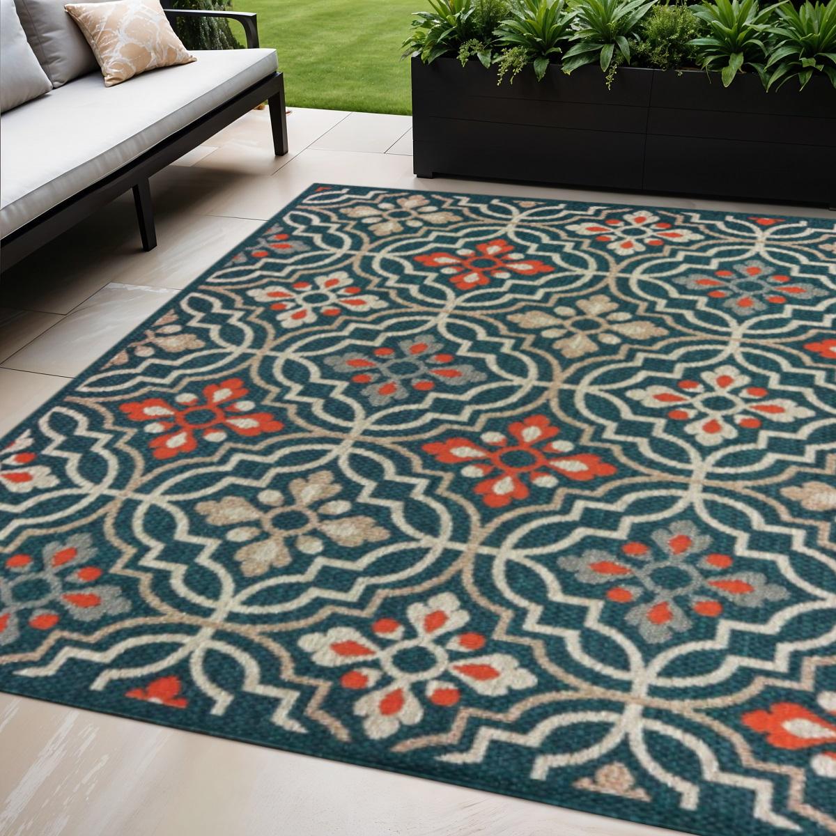 5' X 7' Blue And Orange Moroccan Indoor Outdoor Area Rug
