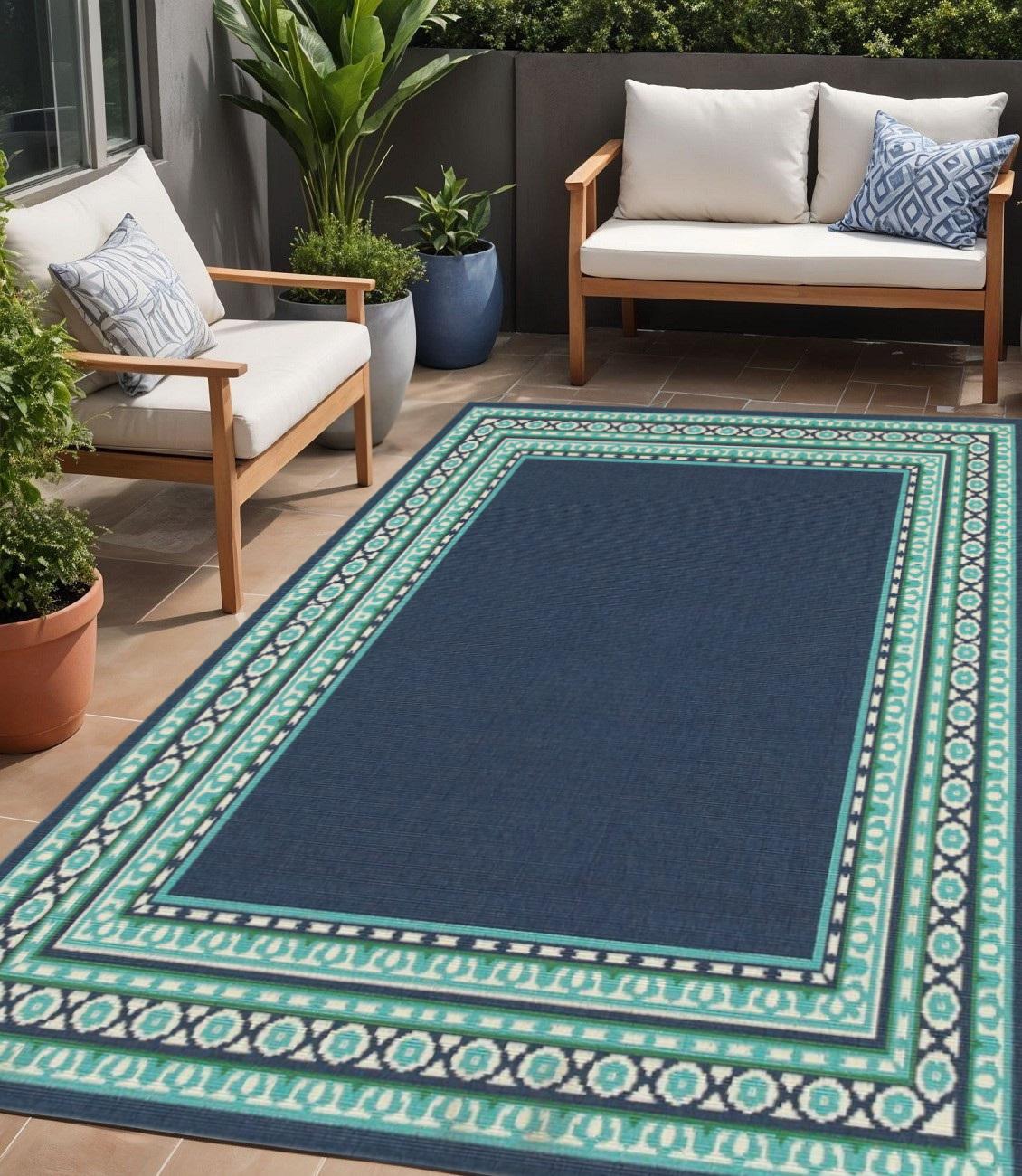 5' X 8' Blue and Green Indoor Outdoor Area Rug