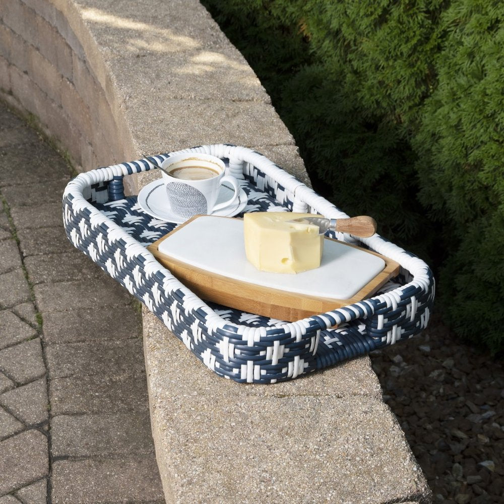 35" Navy Blue White And Natural Rolling Rattan Bar Cart