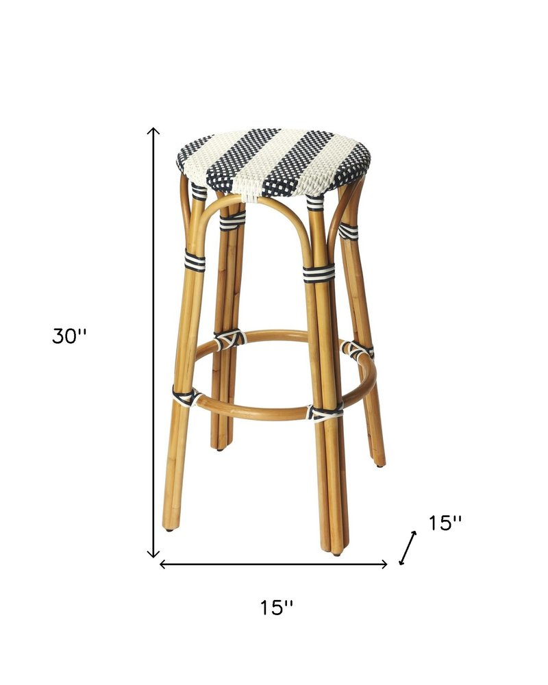 30" Blue and White and Natural Heavy Duty Rattan Backless Bar Height Bar Chair