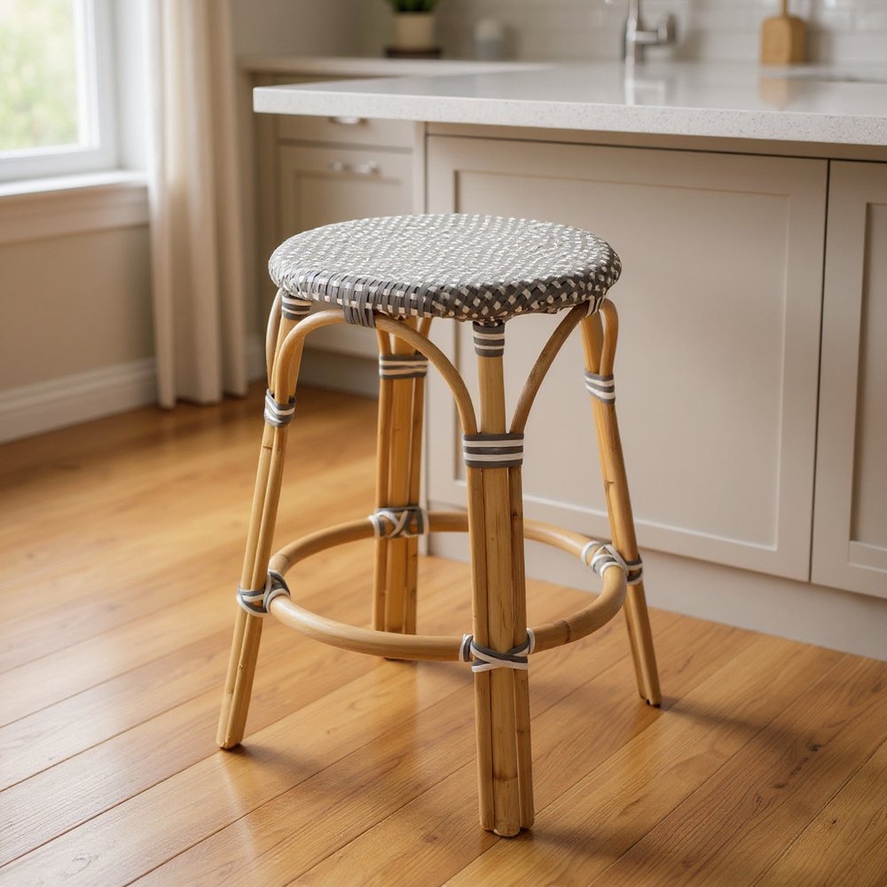 24" Natural Gray And Heavy Duty Plastic and Rattan Backless Counter Height Bar Chair