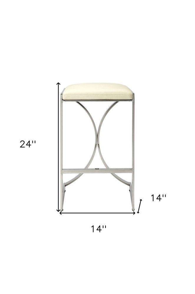 24" Off White and Silver Faux Leather and Iron Backless Counter Height Bar Chair